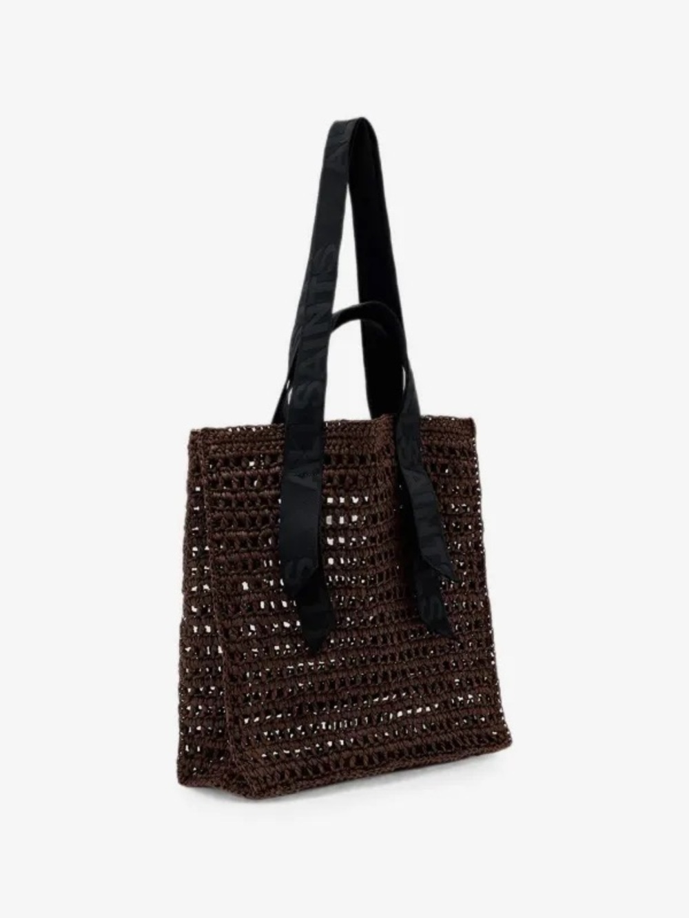 All Saints Woven Crochet Tote Bag with Ribbon Handles - Brown - Picture 2 of 5